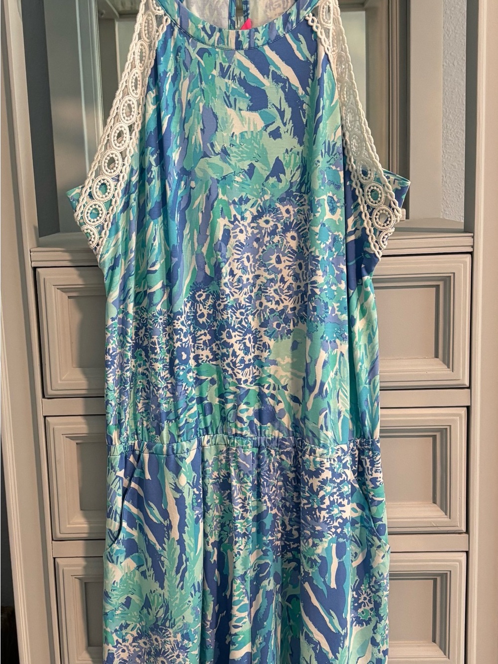 Lilly Pulitzer Blue & Turquoise Floral Print Romper with Lace Trim